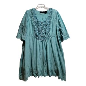 Denim 24/7 dress 32W crochet inset eyelet sleeves hem cotton